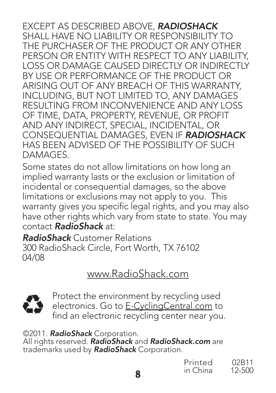 Radio Shack 12-500 User Manual | Page 8 / 8