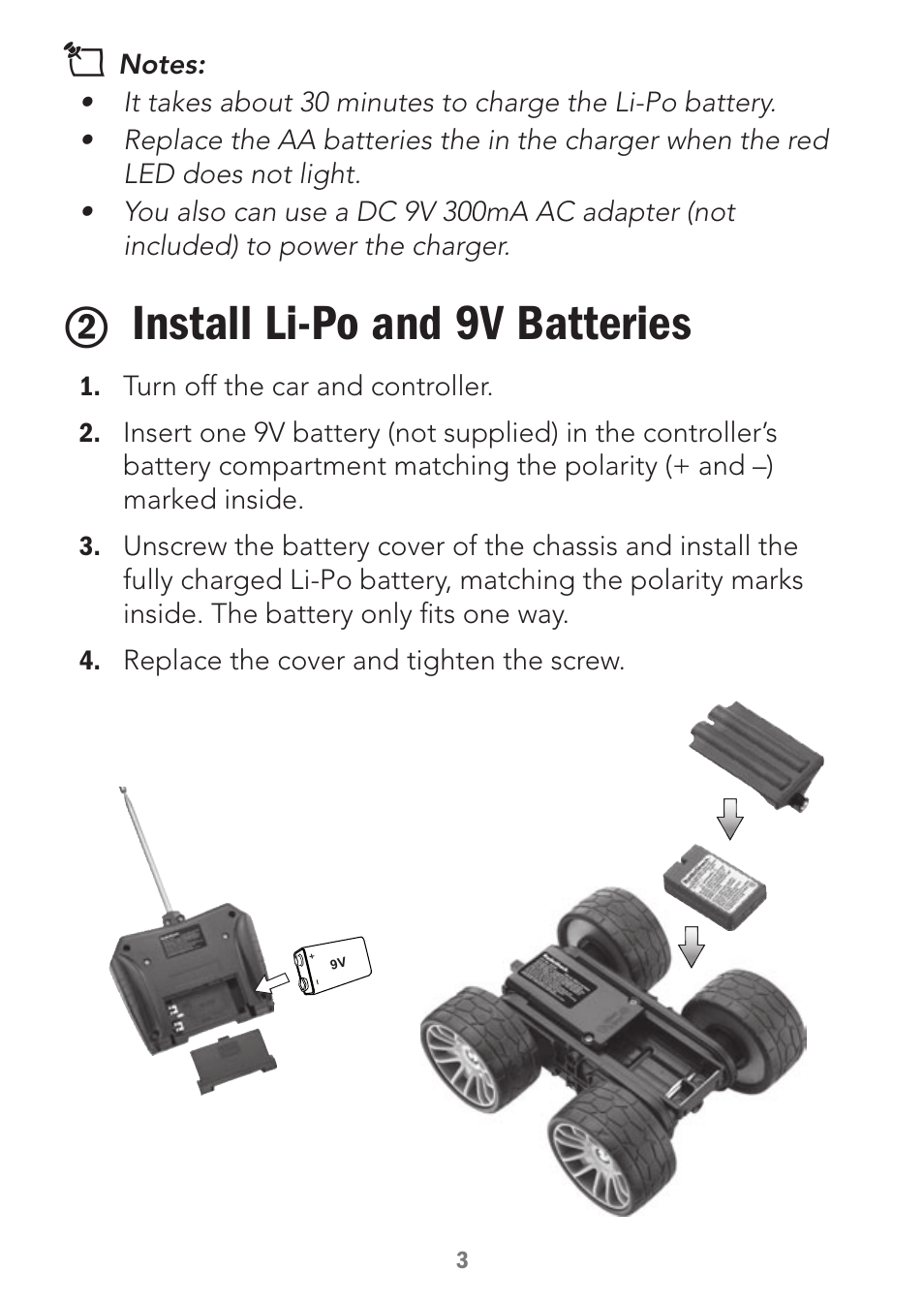 Install li-po and 9v batteries | Radio Shack 60-501 User Manual | Page 3 / 10