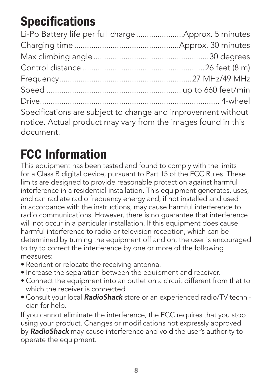 Specifications, Fcc information | Radio Shack 60-501 User Manual | Page 8 / 10