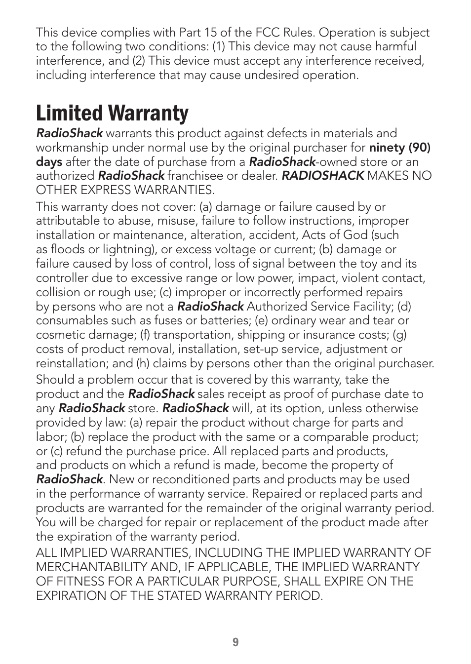 Limited warranty | Radio Shack 60-501 User Manual | Page 9 / 10