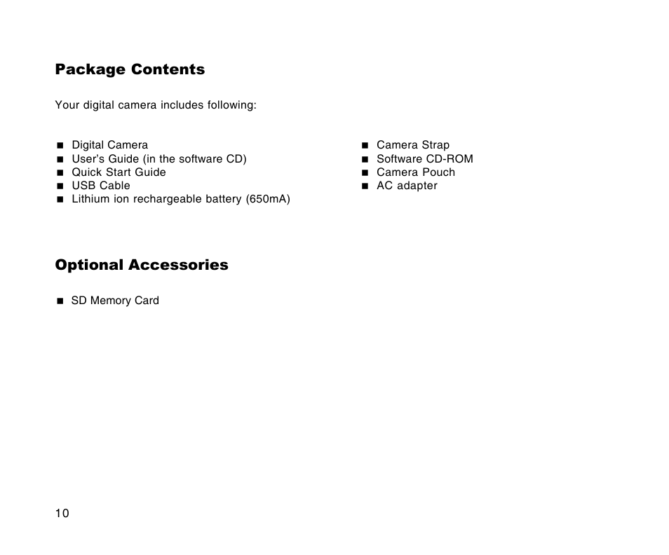 Package contents, Optional accessories | Radio Shack 16-3898 User Manual | Page 10 / 73