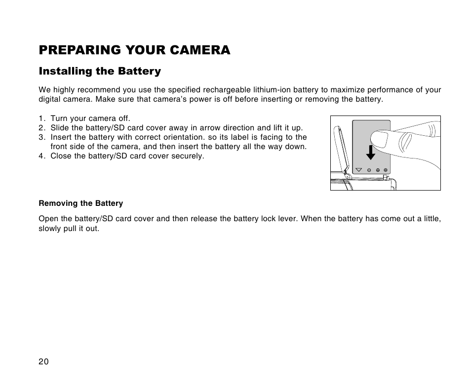 Preparing your camera, Installing the battery | Radio Shack 16-3898 User Manual | Page 20 / 73