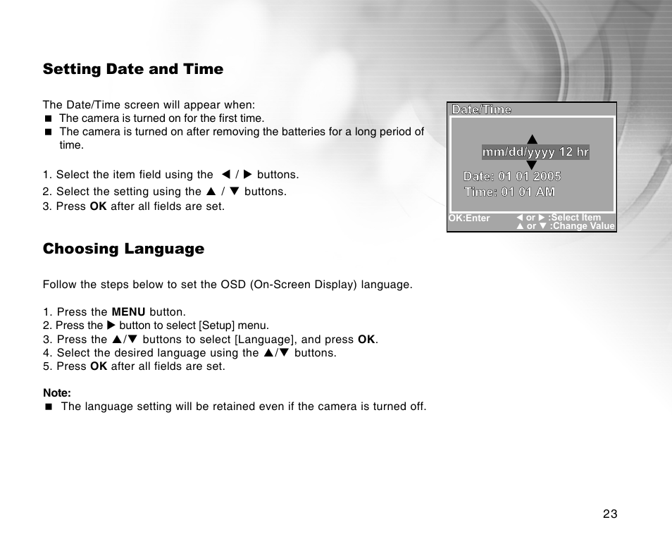 Setting date and time, Choosing language | Radio Shack 16-3898 User Manual | Page 23 / 73