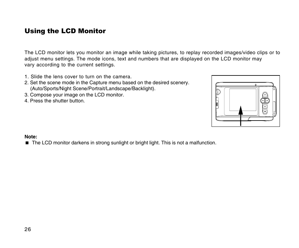 Using the lcd monitor | Radio Shack 16-3898 User Manual | Page 26 / 73