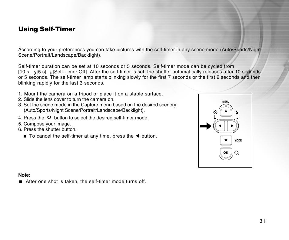 Using self-timer | Radio Shack 16-3898 User Manual | Page 31 / 73