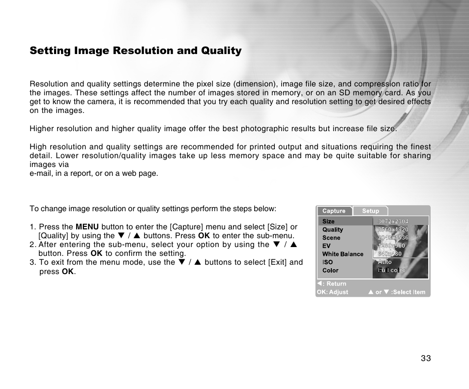 Setting image resolution and quality | Radio Shack 16-3898 User Manual | Page 33 / 73