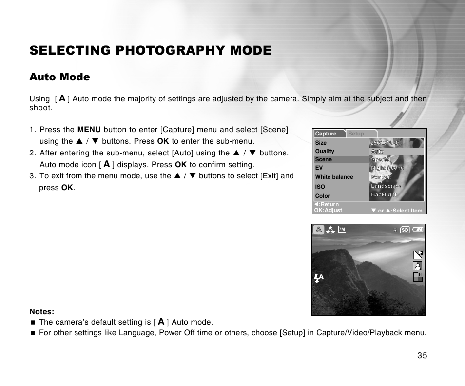 Selecting photography mode, Auto mode | Radio Shack 16-3898 User Manual | Page 35 / 73