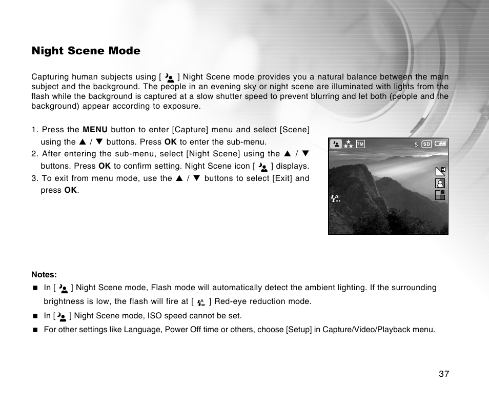 Night scene mode | Radio Shack 16-3898 User Manual | Page 37 / 73