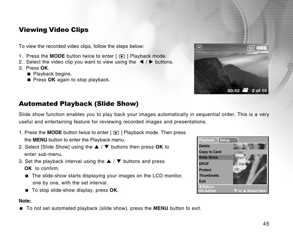 Viewing video clips, Automated playback (slide show) | Radio Shack 16-3898 User Manual | Page 45 / 73