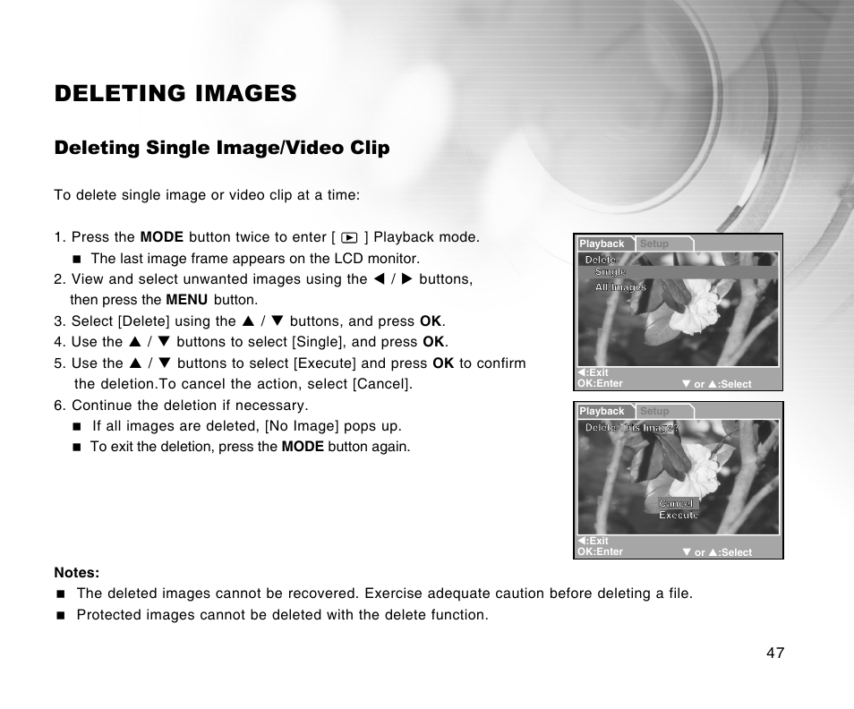 Deleting images, Deleting single image/video clip | Radio Shack 16-3898 User Manual | Page 47 / 73