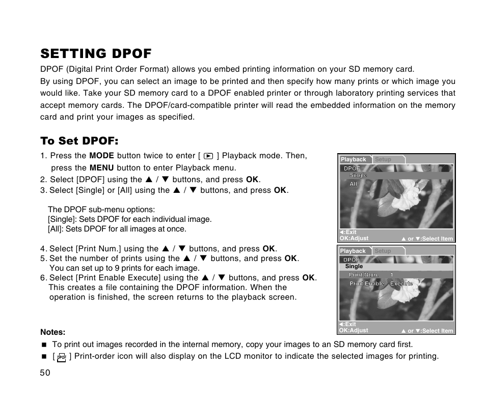 Setting dpof | Radio Shack 16-3898 User Manual | Page 50 / 73