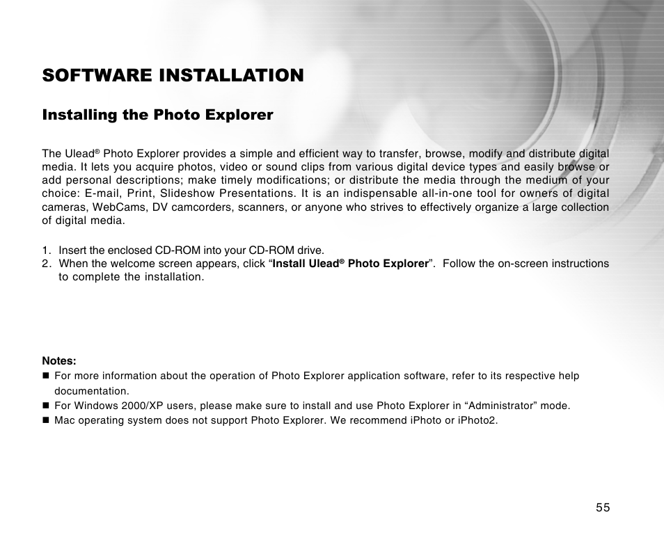 Software installation, Installing the photo explorer | Radio Shack 16-3898 User Manual | Page 55 / 73