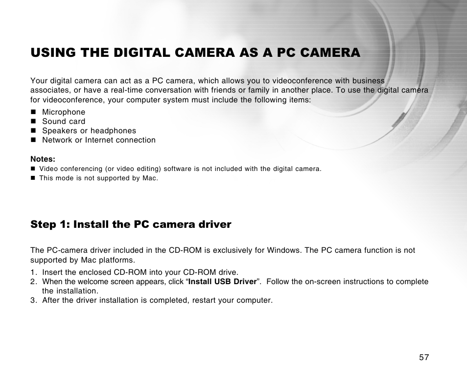 Using the digital camera as a pc camera, Step 1: install the pc camera driver | Radio Shack 16-3898 User Manual | Page 57 / 73