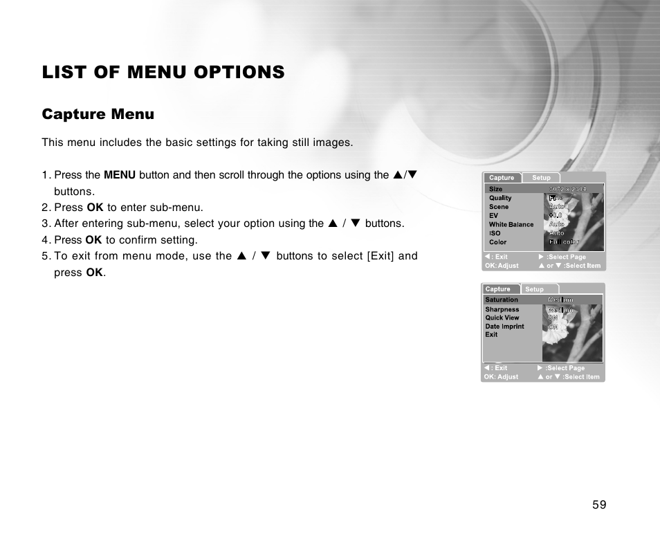 List of menu options, Capture menu | Radio Shack 16-3898 User Manual | Page 59 / 73