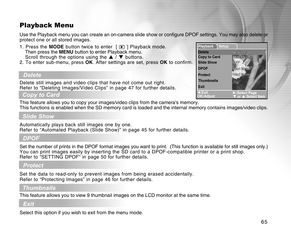 Playback menu, Delete, Copy to card | Slide show, Dpof, Protect, Thumbnails, Exit | Radio Shack 16-3898 User Manual | Page 65 / 73