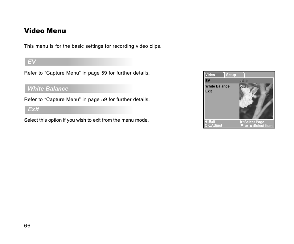 Video menu, White balance, Exit | Radio Shack 16-3898 User Manual | Page 66 / 73