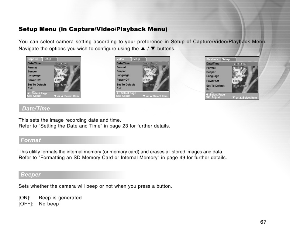 Setup menu (in capture/video/playback menu), Date/time, Format | Beeper | Radio Shack 16-3898 User Manual | Page 67 / 73