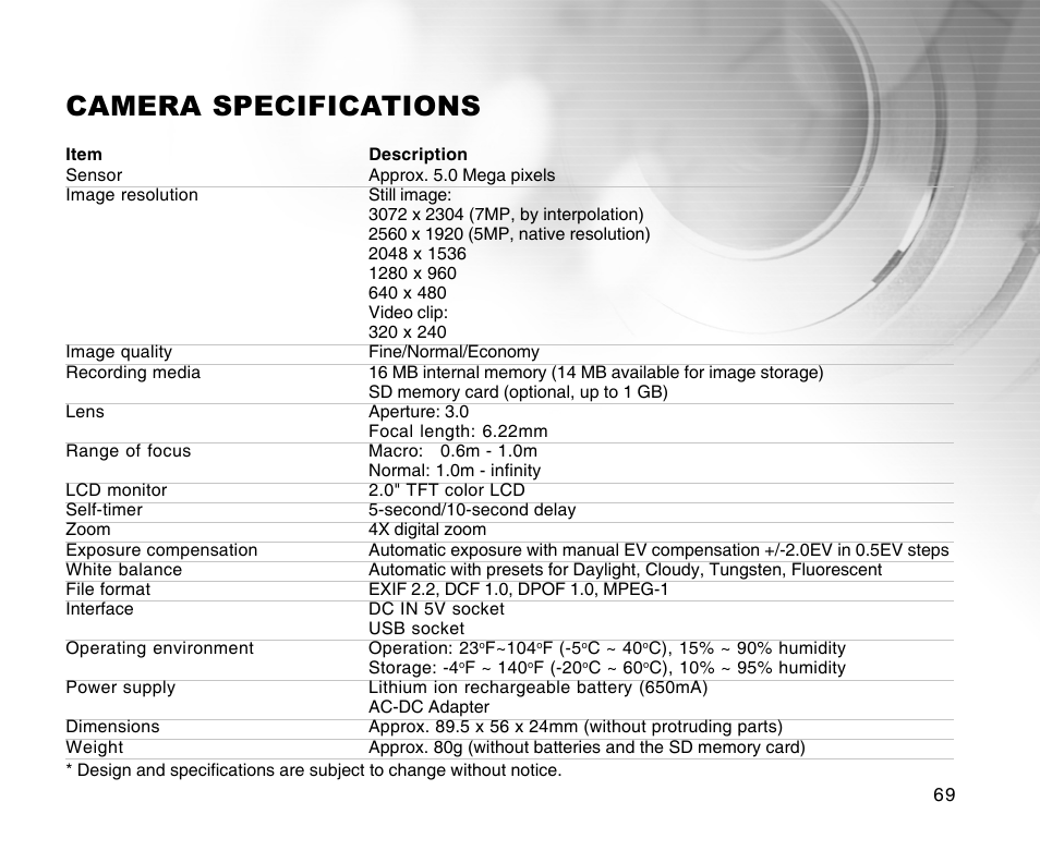 Camera specifications | Radio Shack 16-3898 User Manual | Page 69 / 73