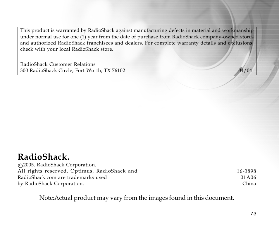 Radioshack | Radio Shack 16-3898 User Manual | Page 73 / 73