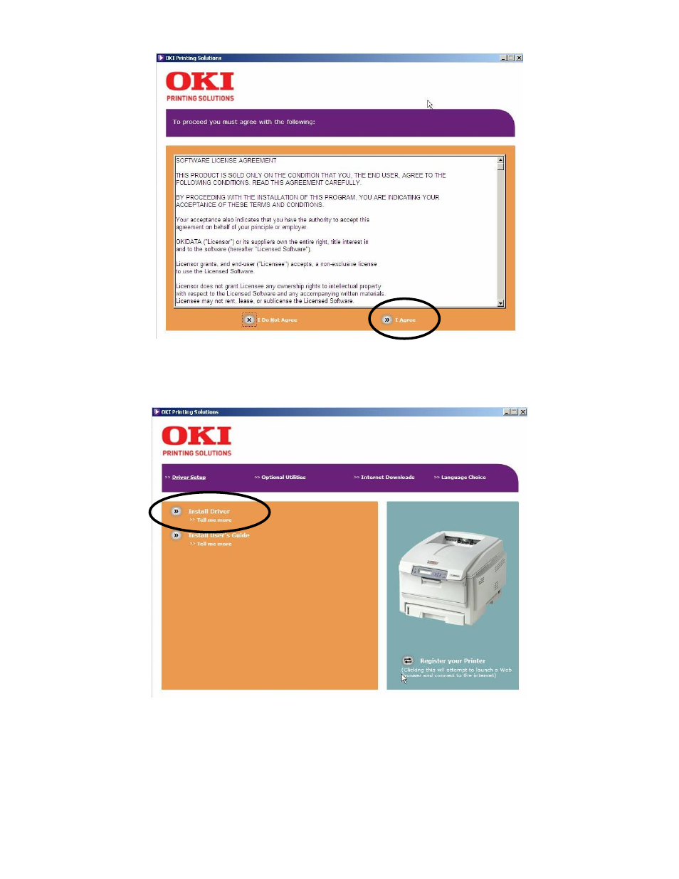 Next, if you agree, accept the license agreement, The installer screen will appear, Click install driver | Radio Shack Okidata C6100 User Manual | Page 7 / 24