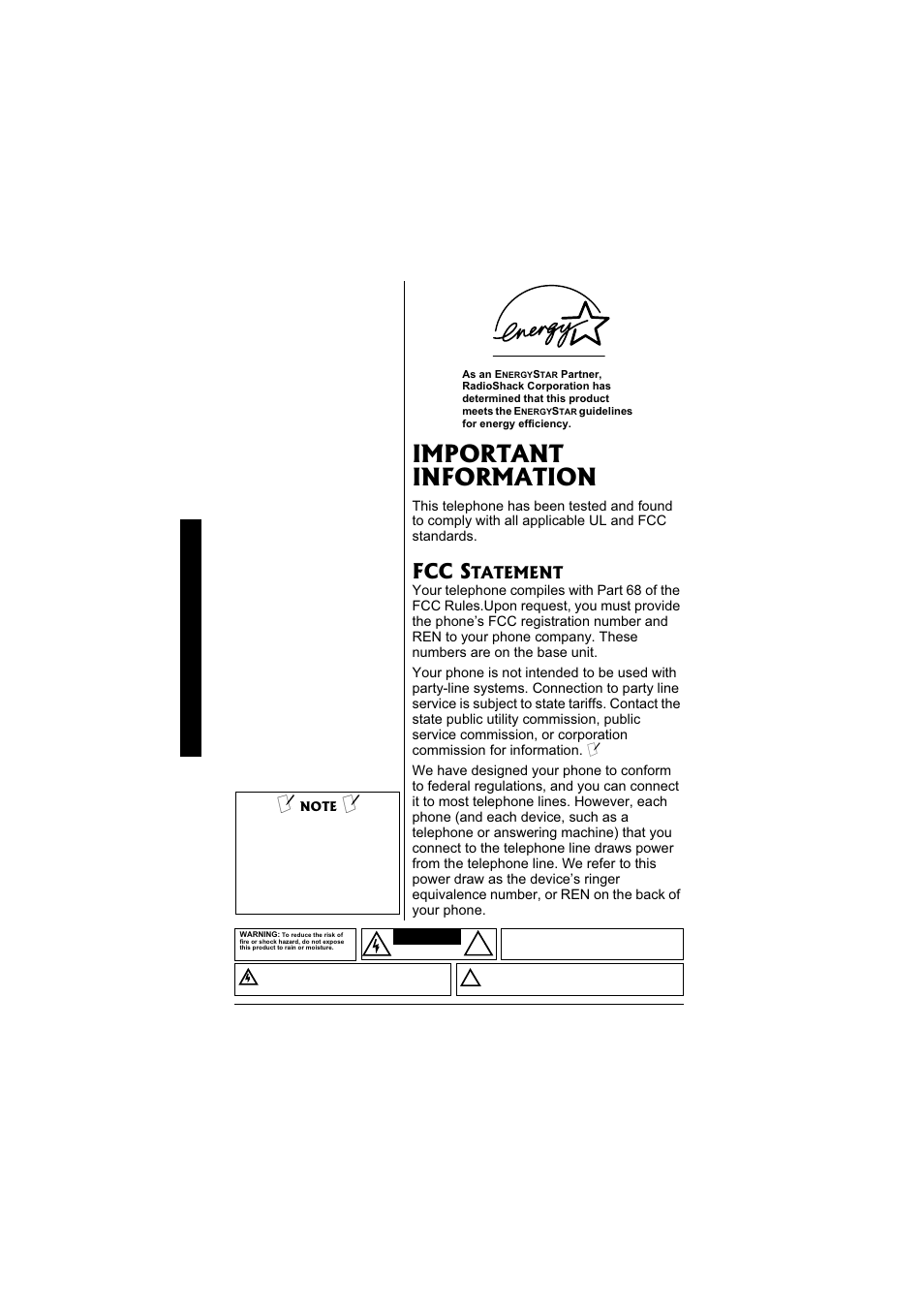 Important information, Fcc s, Tatement | Radio Shack 43-3871 User Manual | Page 4 / 70