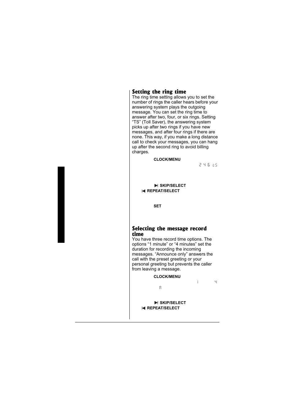 Setting the ring time, Selecting the message record time | Radio Shack 43-3871 User Manual | Page 54 / 70