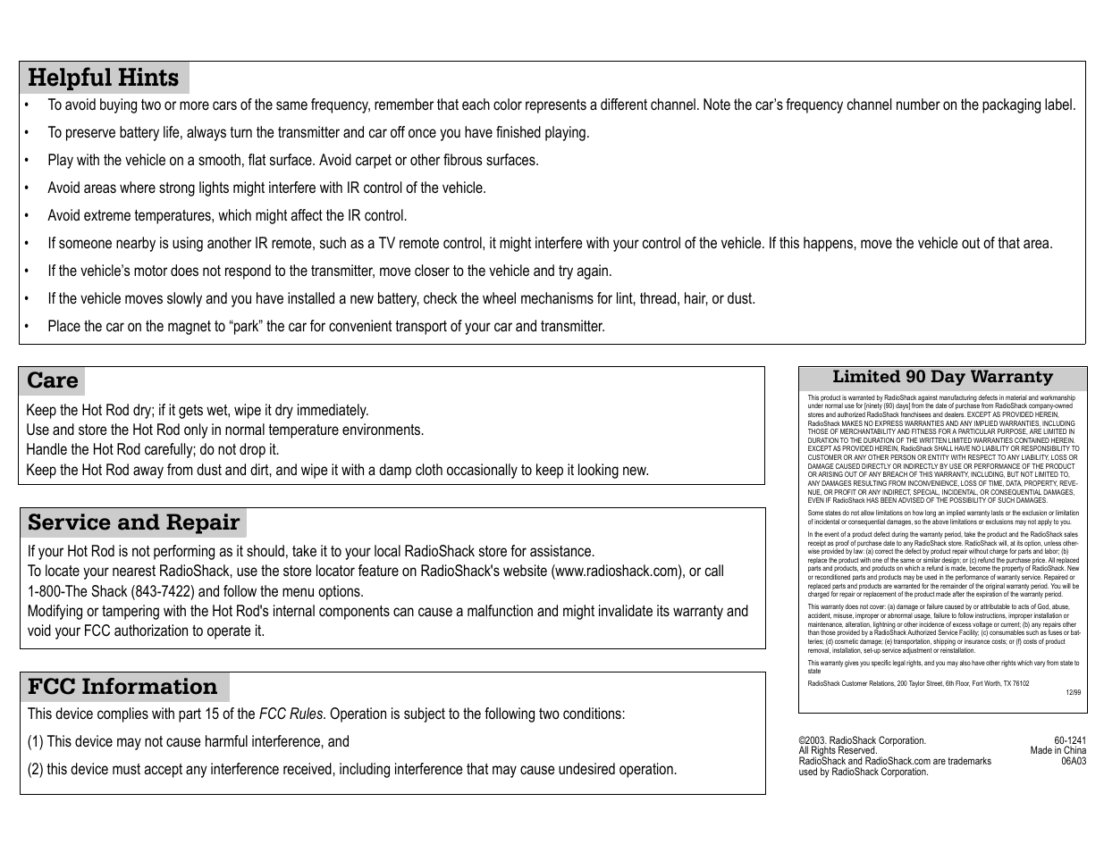 Helpful hints, Care, Service and repair | Fcc information | Radio Shack 60-1241 User Manual | Page 2 / 2