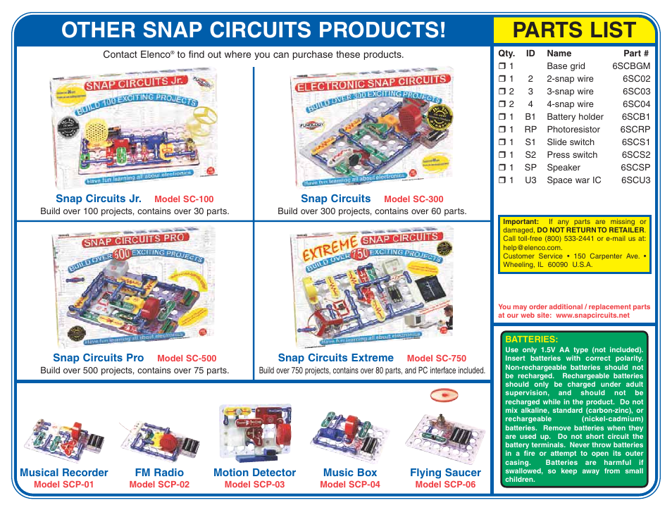 Other snap circuits products, Parts list | Radio Shack SCP-05 User Manual | Page 2 / 2