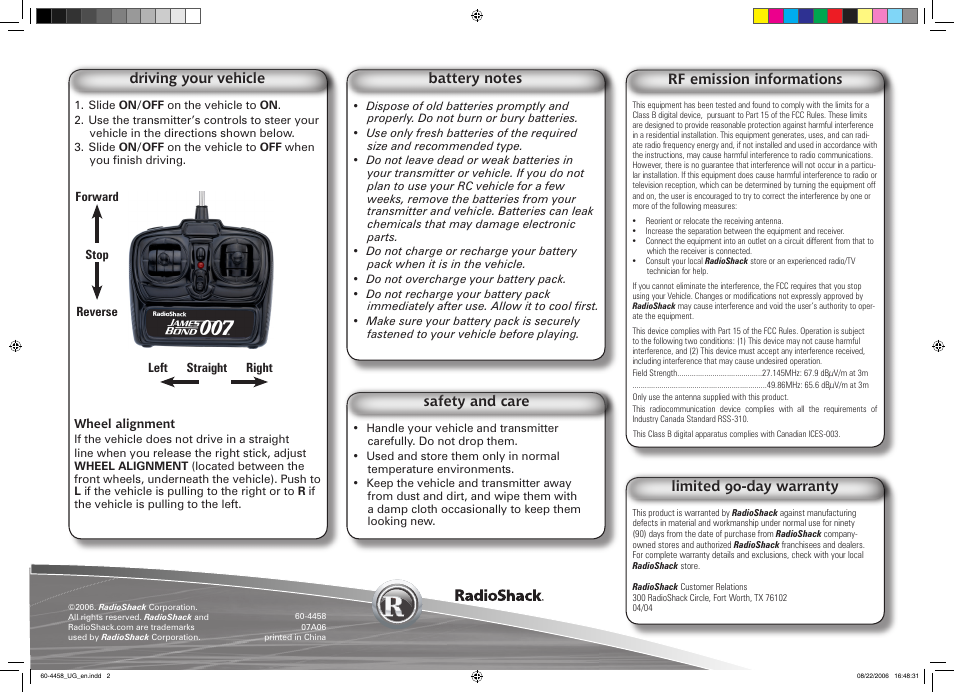 Limited 90-day warranty, Rf emission informations, Driving your vehicle | Safety and care | Radio Shack JAMES BOND ASTON MARTIN DBS 60-4458 User Manual | Page 2 / 2