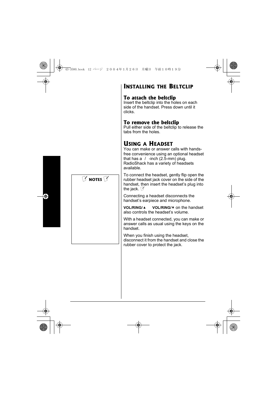 Installing the beltclip using a headset | Radio Shack 43-5560 User Manual | Page 12 / 52