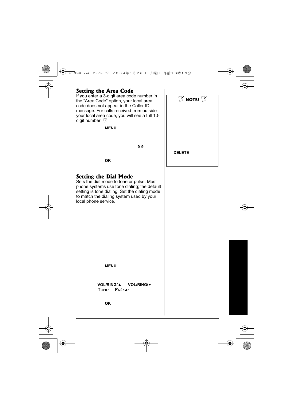 Setting the area code, Setting the dial mode | Radio Shack 43-5560 User Manual | Page 23 / 52