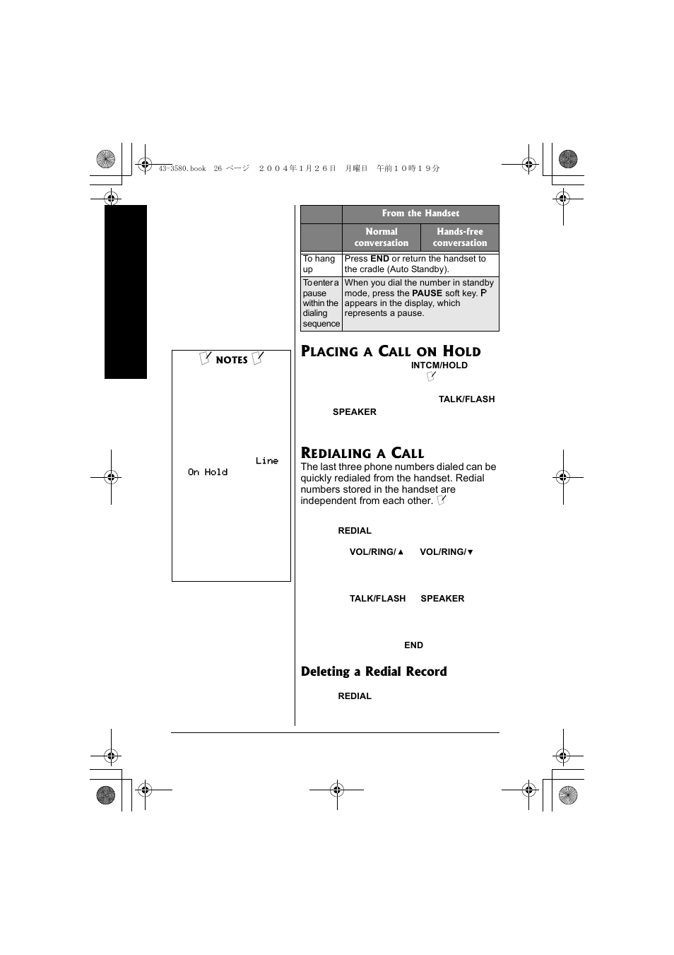 Placing a call on hold redialing a call | Radio Shack 43-5560 User Manual | Page 26 / 52