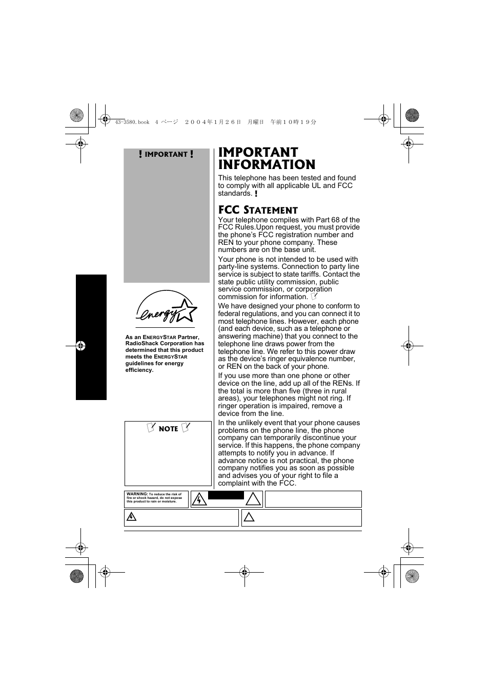 Important information, Fcc statement, Fcc s | Tatement | Radio Shack 43-5560 User Manual | Page 4 / 52