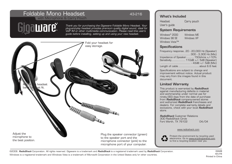 Radio Shack Gigaware 43-216 User Manual | 1 page