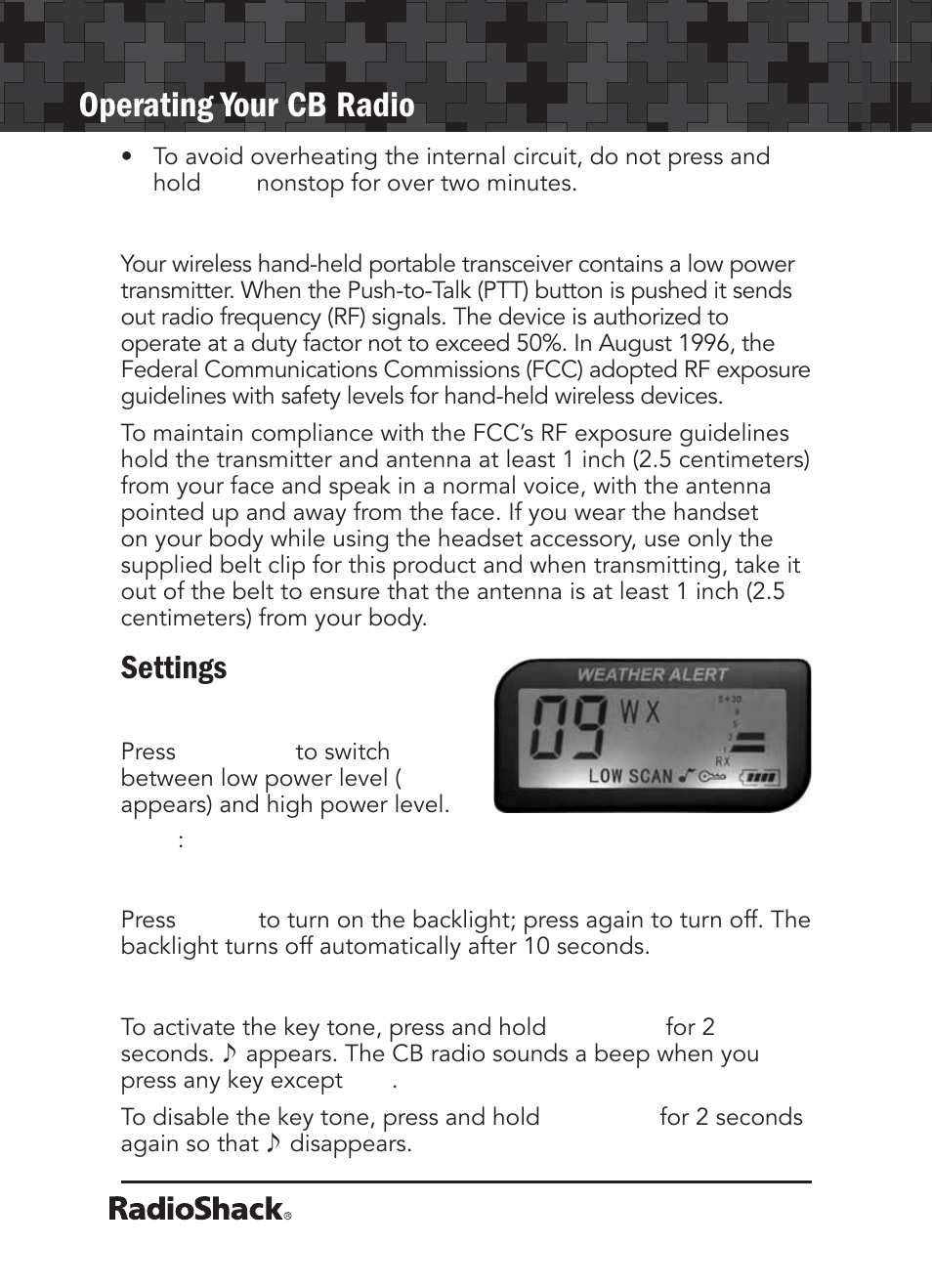 Operating your cb radio, Settings | Radio Shack 21-1679 User Manual | Page 10 / 20