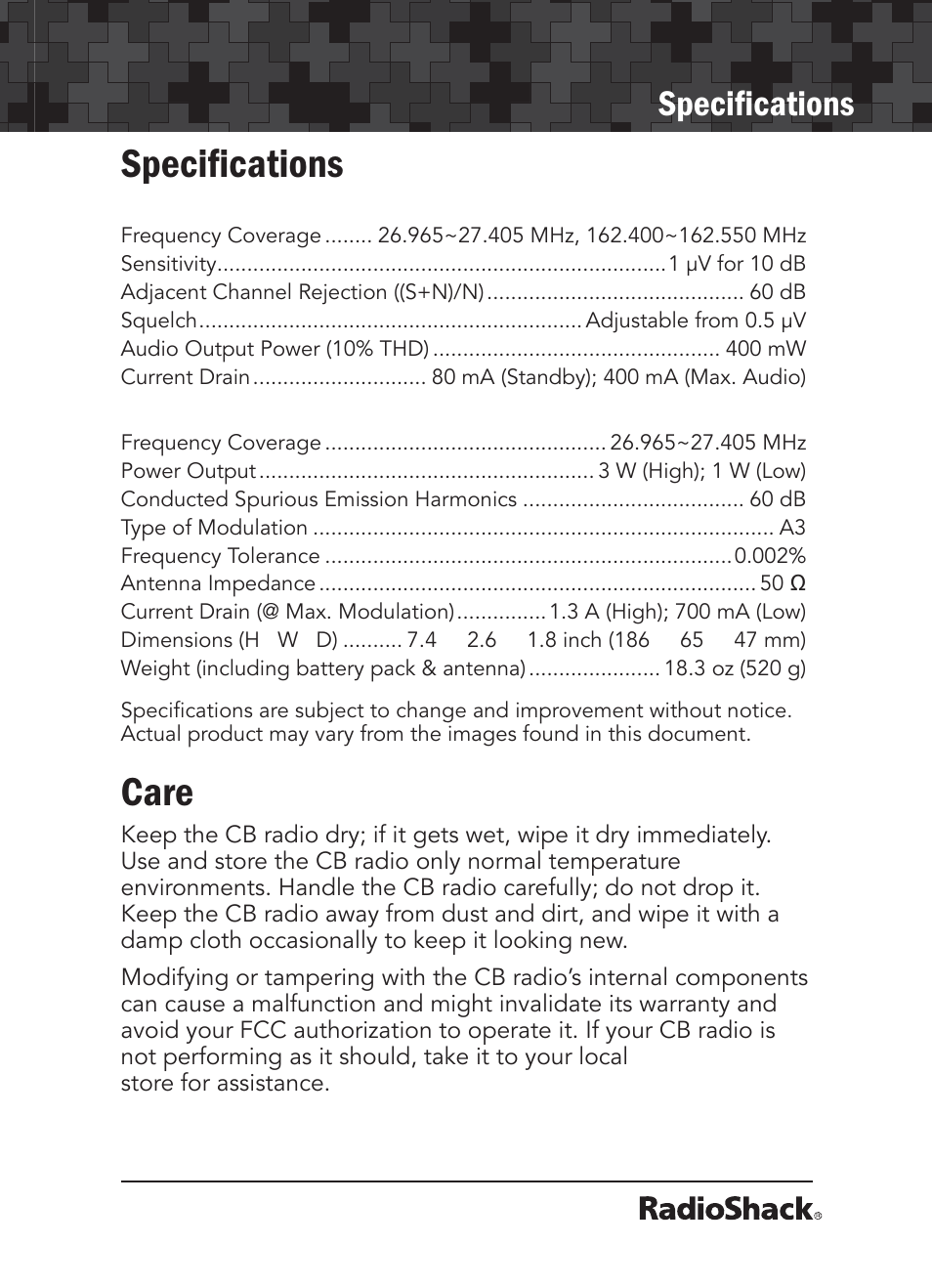 Speciﬁcations, Care | Radio Shack 21-1679 User Manual | Page 17 / 20
