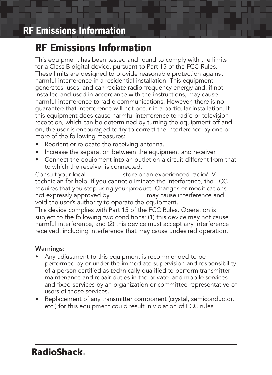 Rf emissions information | Radio Shack 21-1679 User Manual | Page 18 / 20