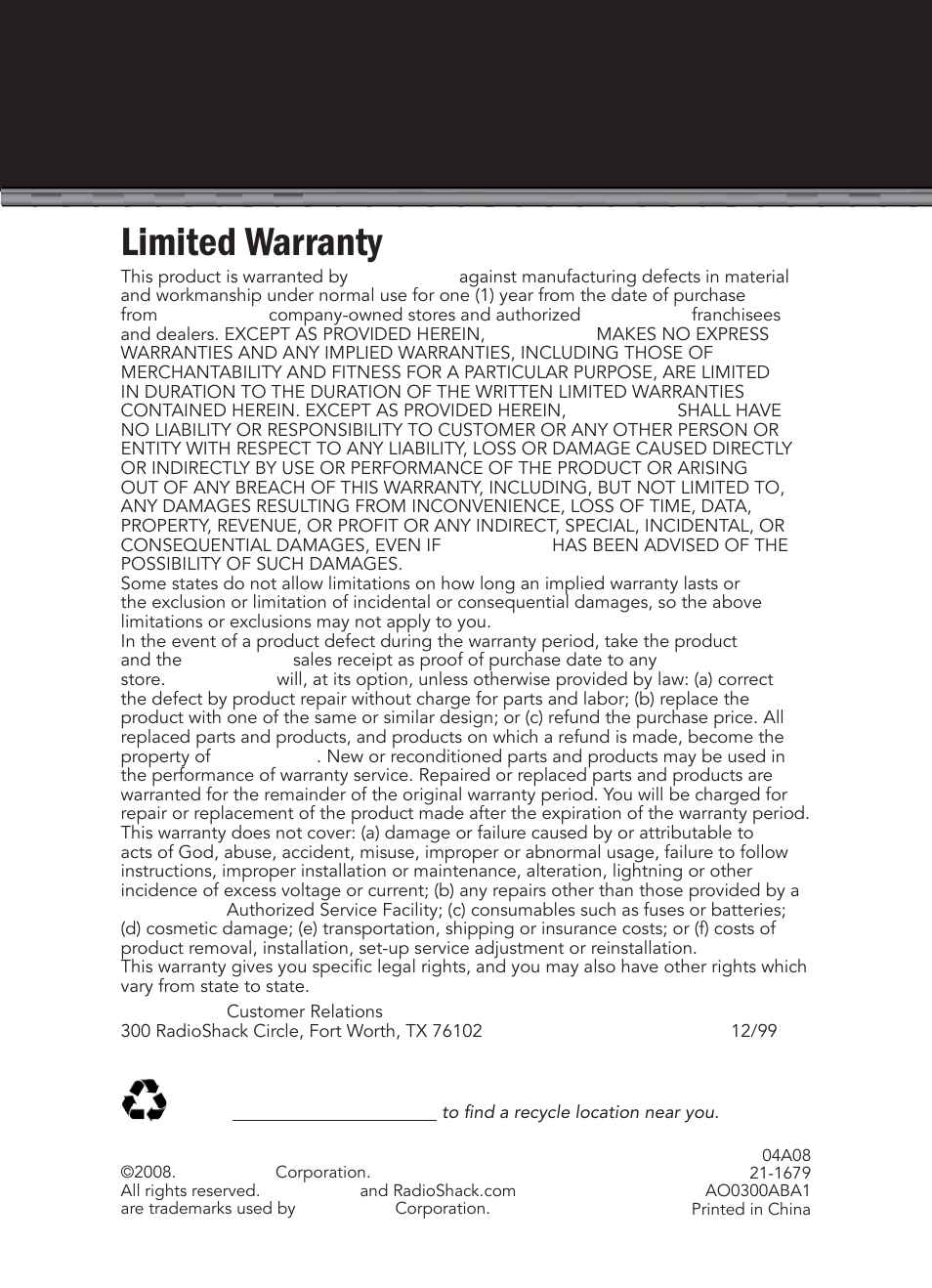 Limited warranty | Radio Shack 21-1679 User Manual | Page 20 / 20