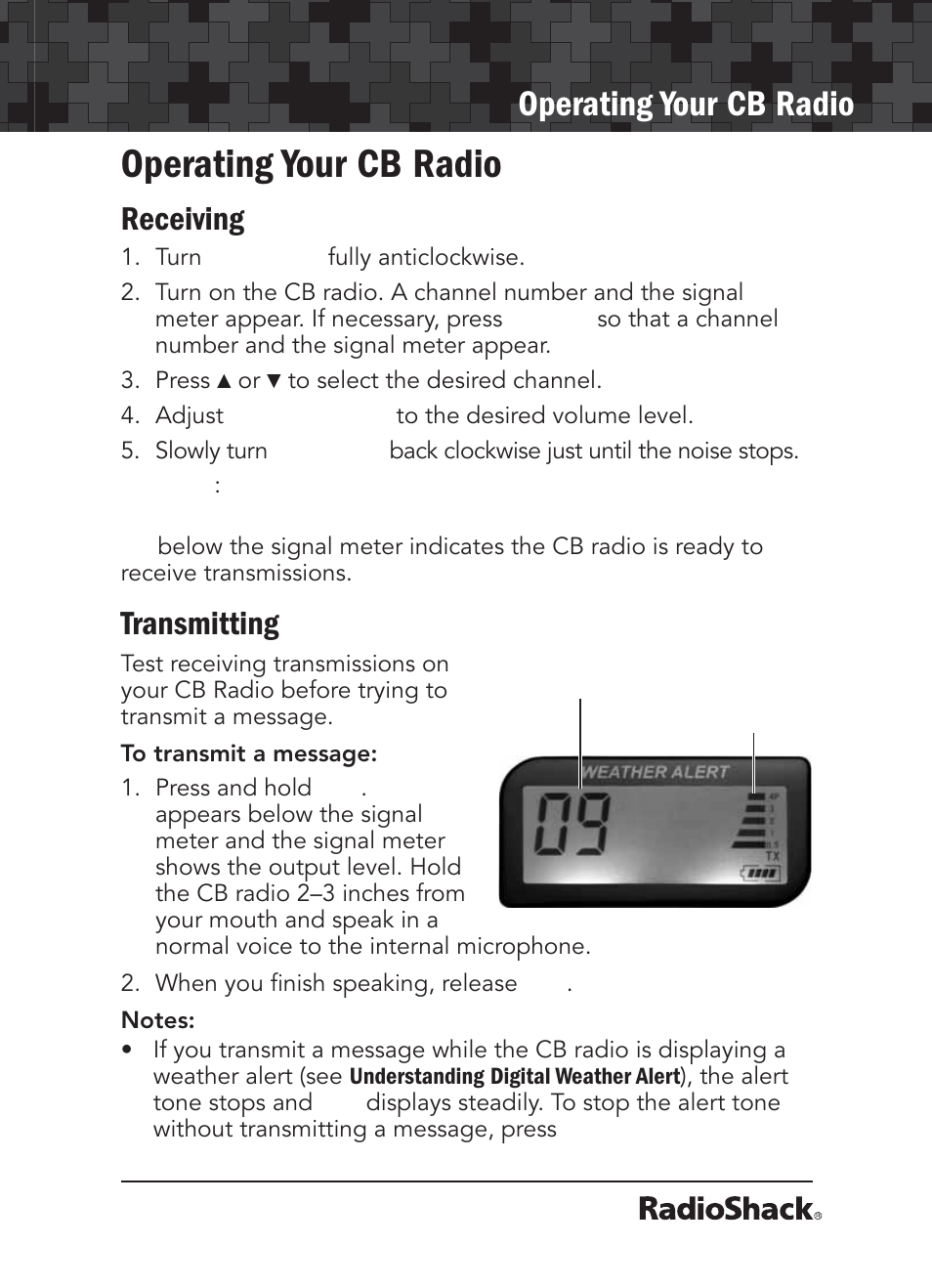 Operating your cb radio, Receiving, Transmitting | Radio Shack 21-1679 User Manual | Page 9 / 20