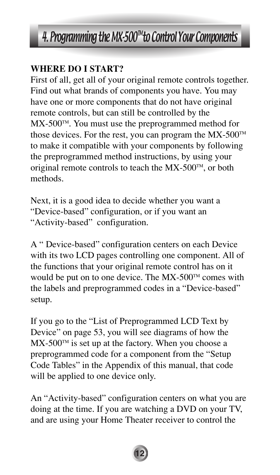 Programming the mx-500 | Universal Remote Control (URS) MX-500 User Manual | Page 13 / 80