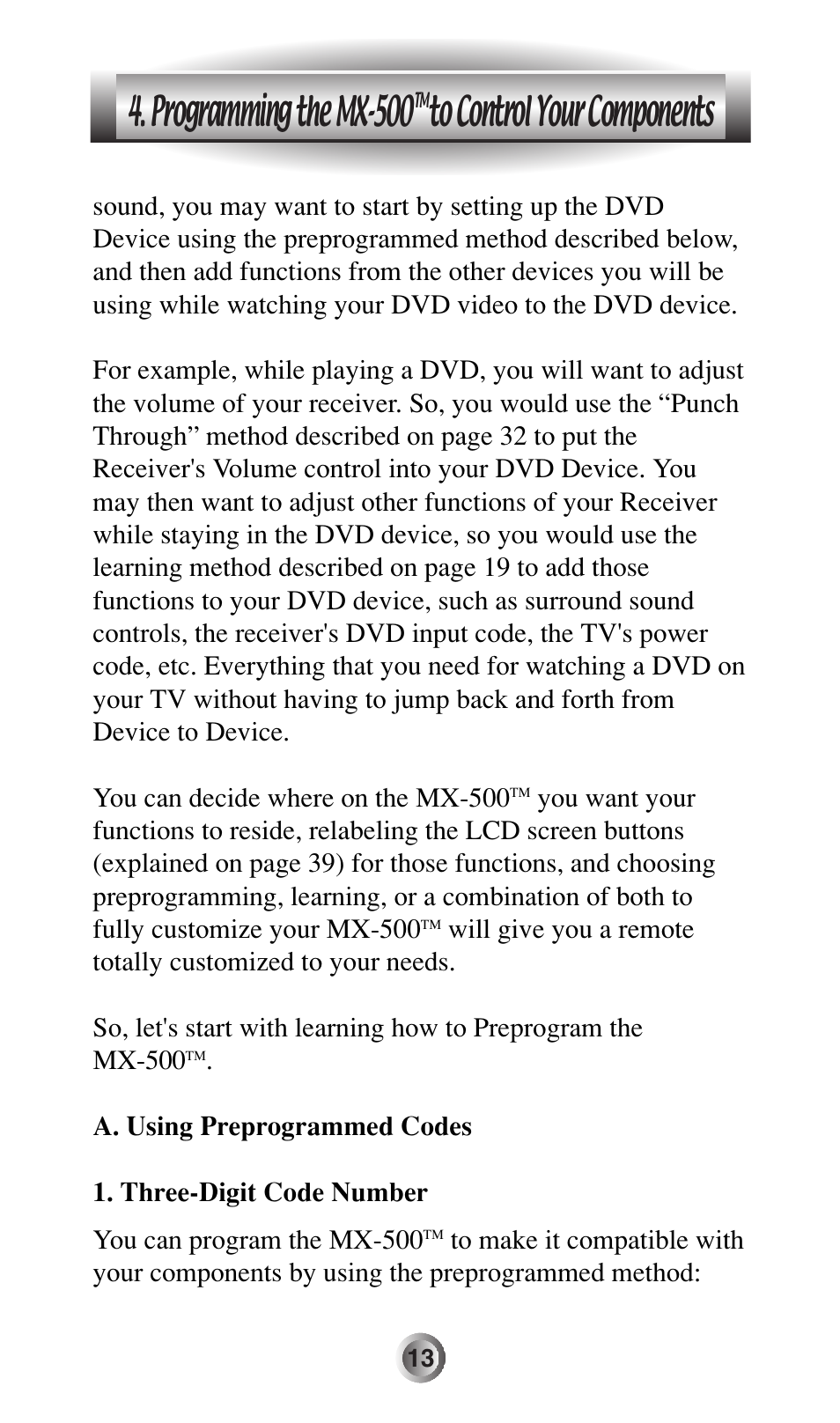 Programming the mx-500 | Universal Remote Control (URS) MX-500 User Manual | Page 14 / 80