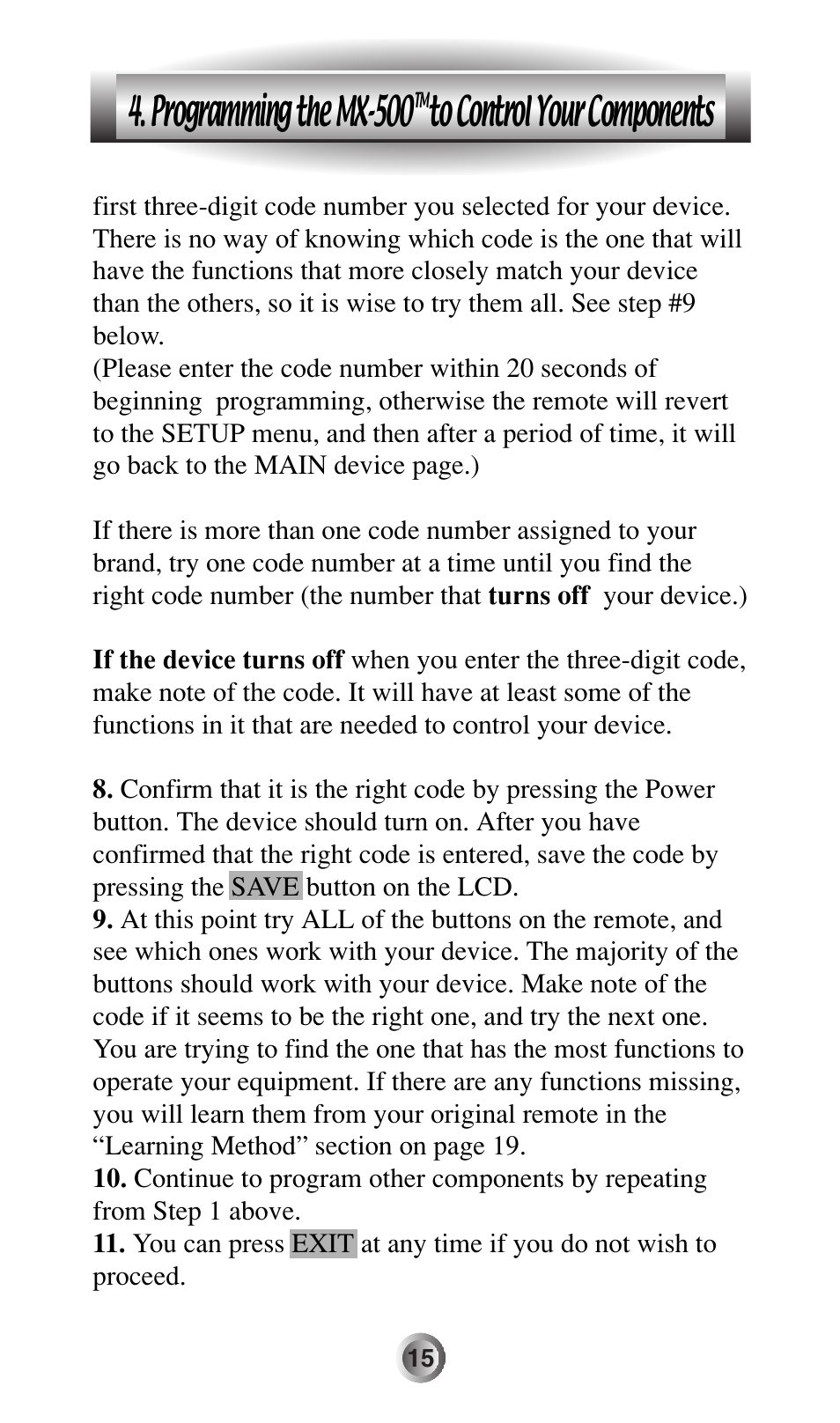 Programming the mx-500 | Universal Remote Control (URS) MX-500 User Manual | Page 16 / 80