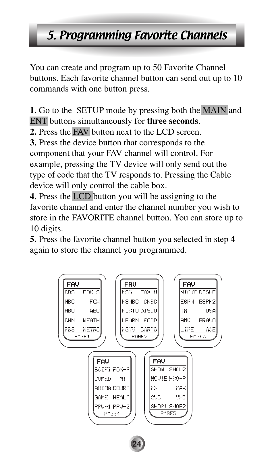 Programming favorite channels | Universal Remote Control (URS) MX-500 User Manual | Page 25 / 80