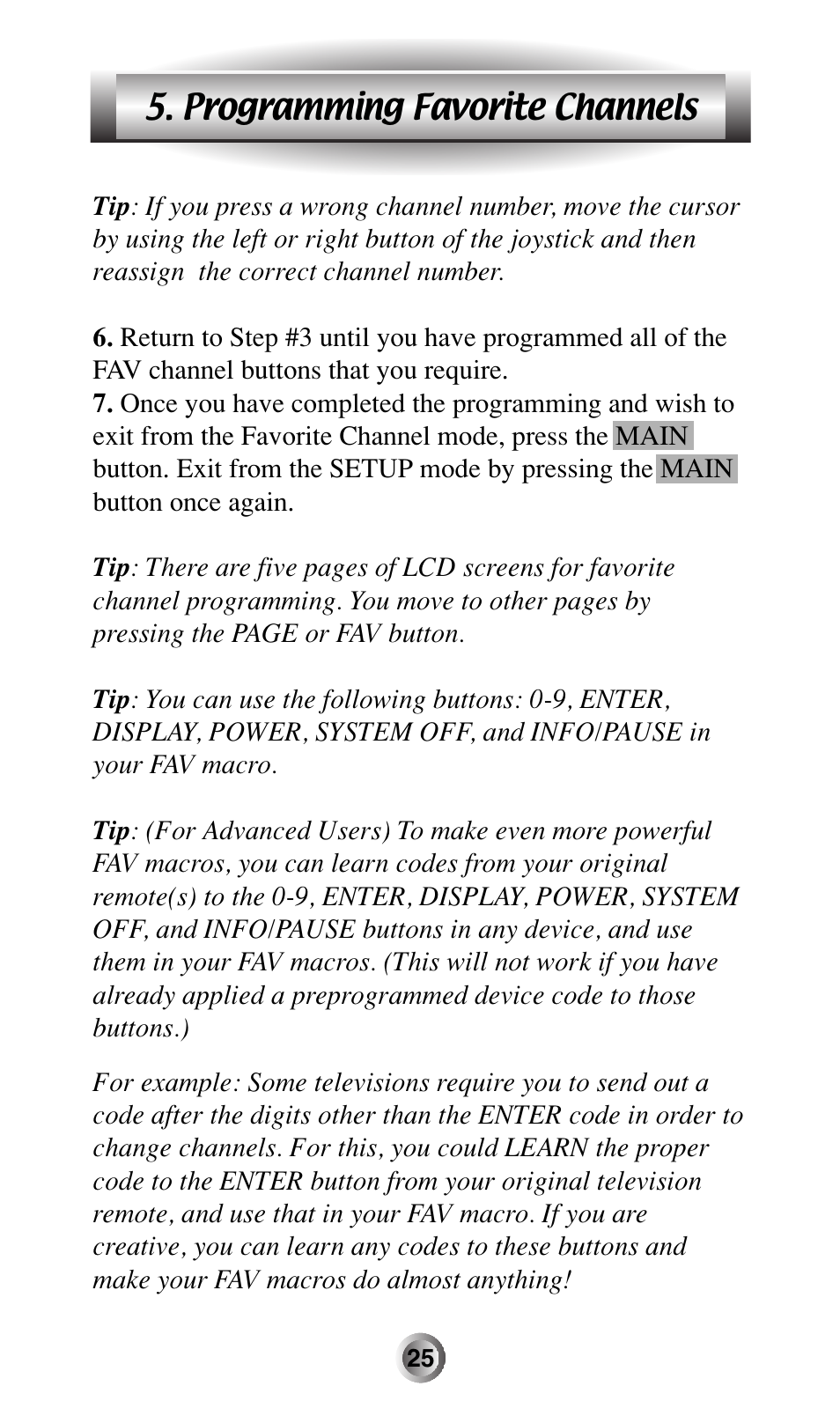 Programming favorite channels | Universal Remote Control (URS) MX-500 User Manual | Page 26 / 80