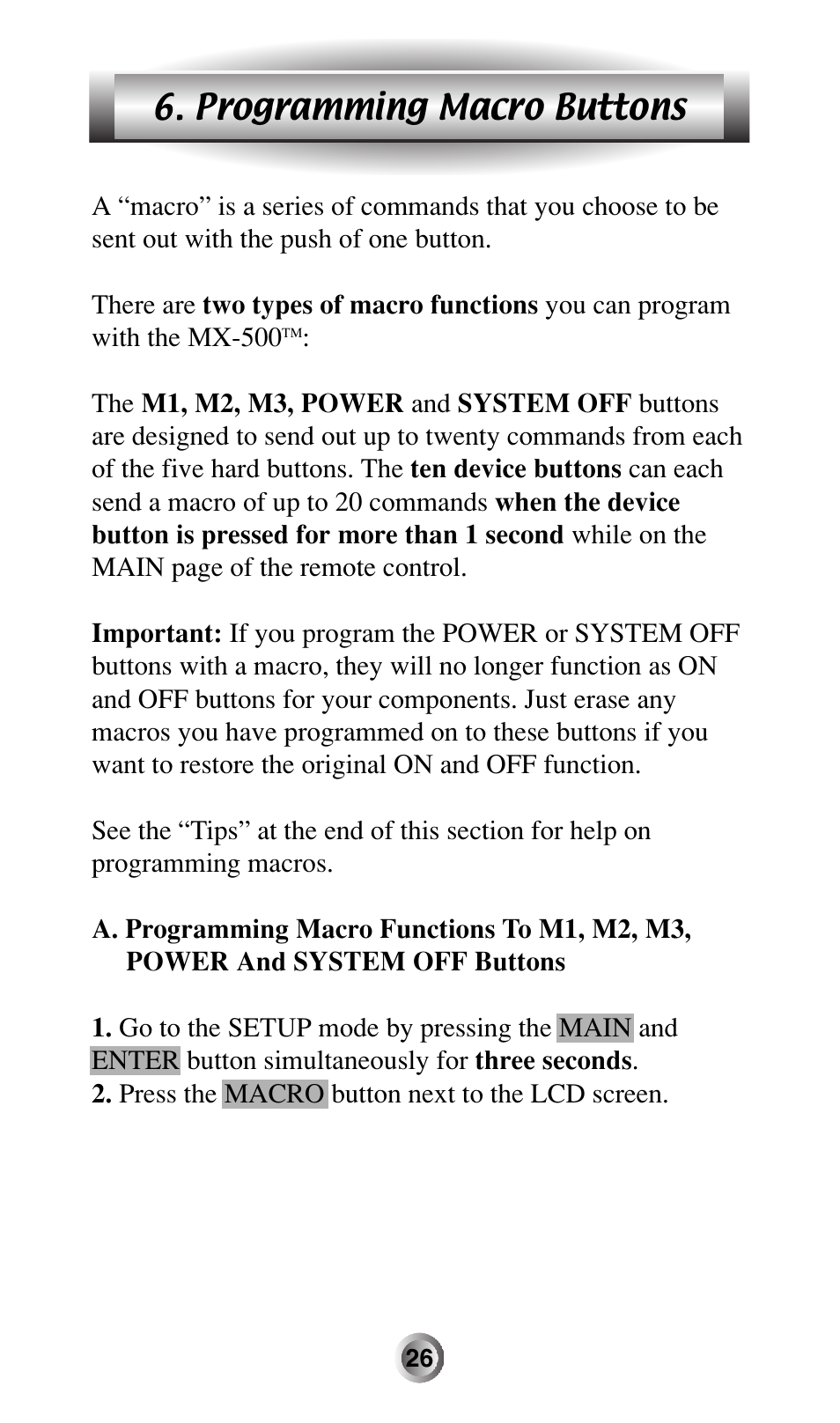 Programming macro buttons | Universal Remote Control (URS) MX-500 User Manual | Page 27 / 80