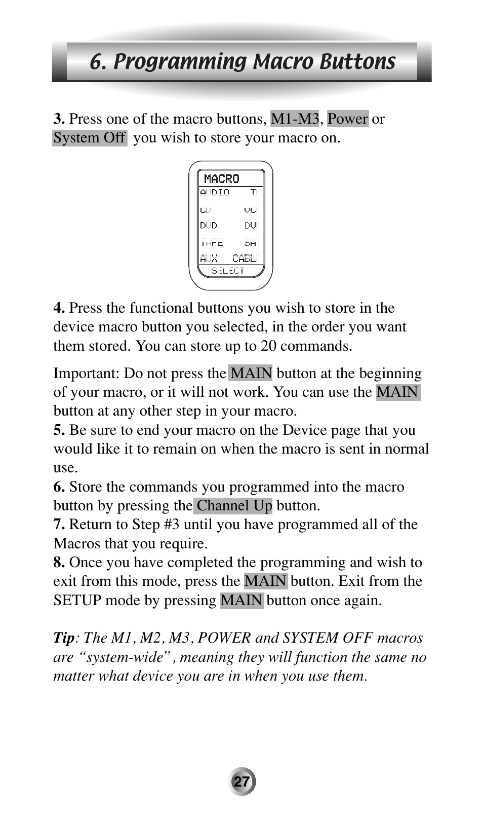 Programming macro buttons | Universal Remote Control (URS) MX-500 User Manual | Page 28 / 80