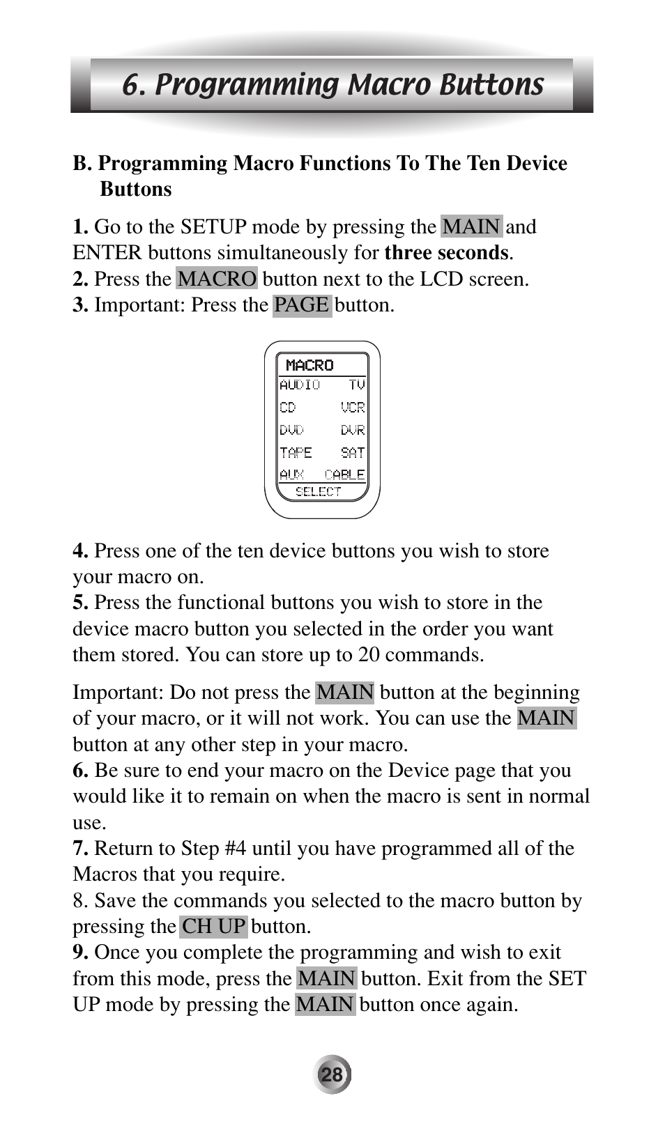 Programming macro buttons | Universal Remote Control (URS) MX-500 User Manual | Page 29 / 80