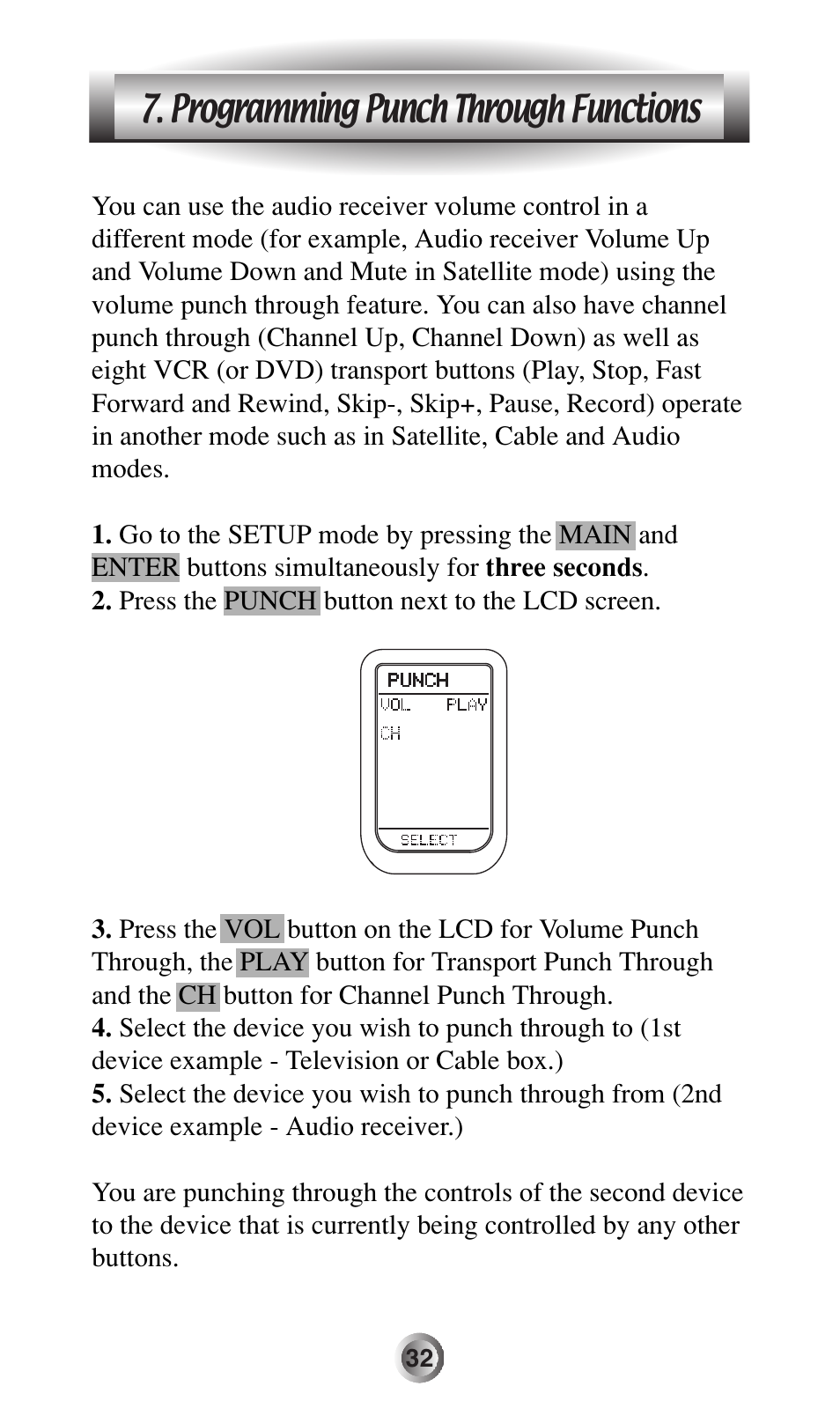 Programming punch through functions | Universal Remote Control (URS) MX-500 User Manual | Page 33 / 80
