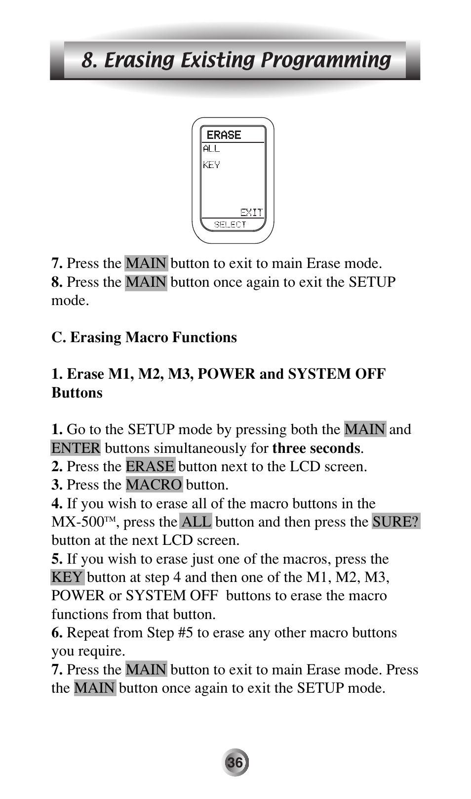 Erasing existing programming | Universal Remote Control (URS) MX-500 User Manual | Page 37 / 80