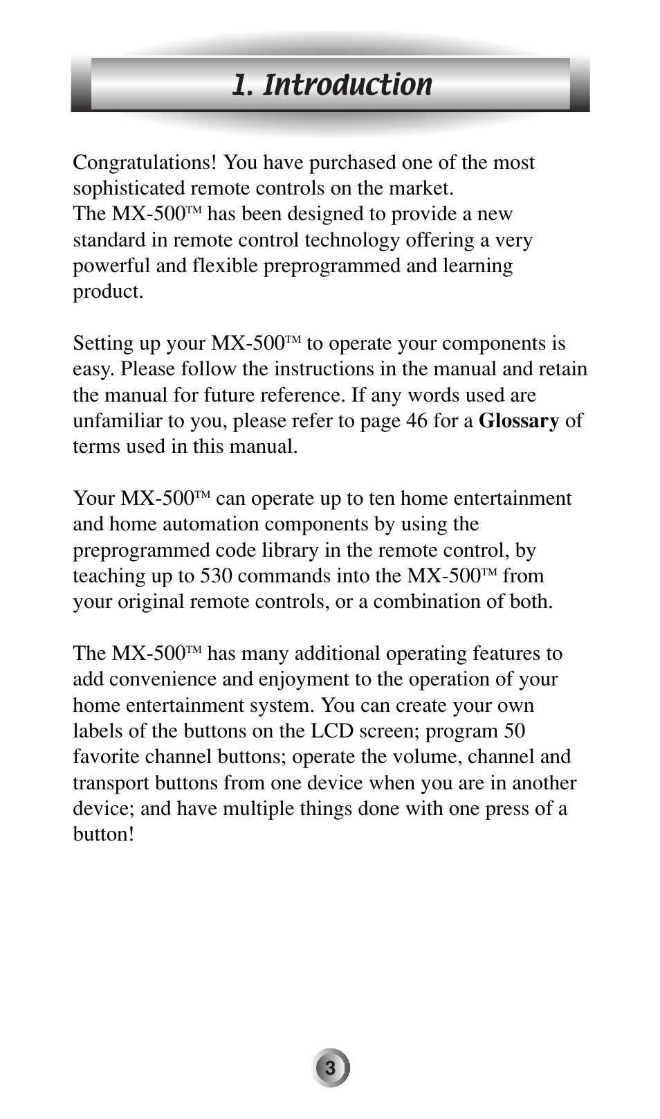 Introduction | Universal Remote Control (URS) MX-500 User Manual | Page 4 / 80